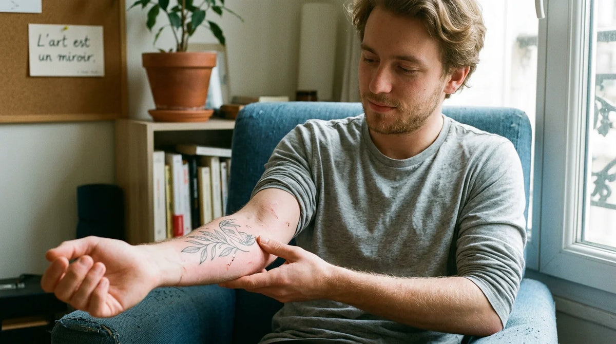 Jeune personne européenne regardant son tatouage tout juste réalisé sur l'avant-bras Image