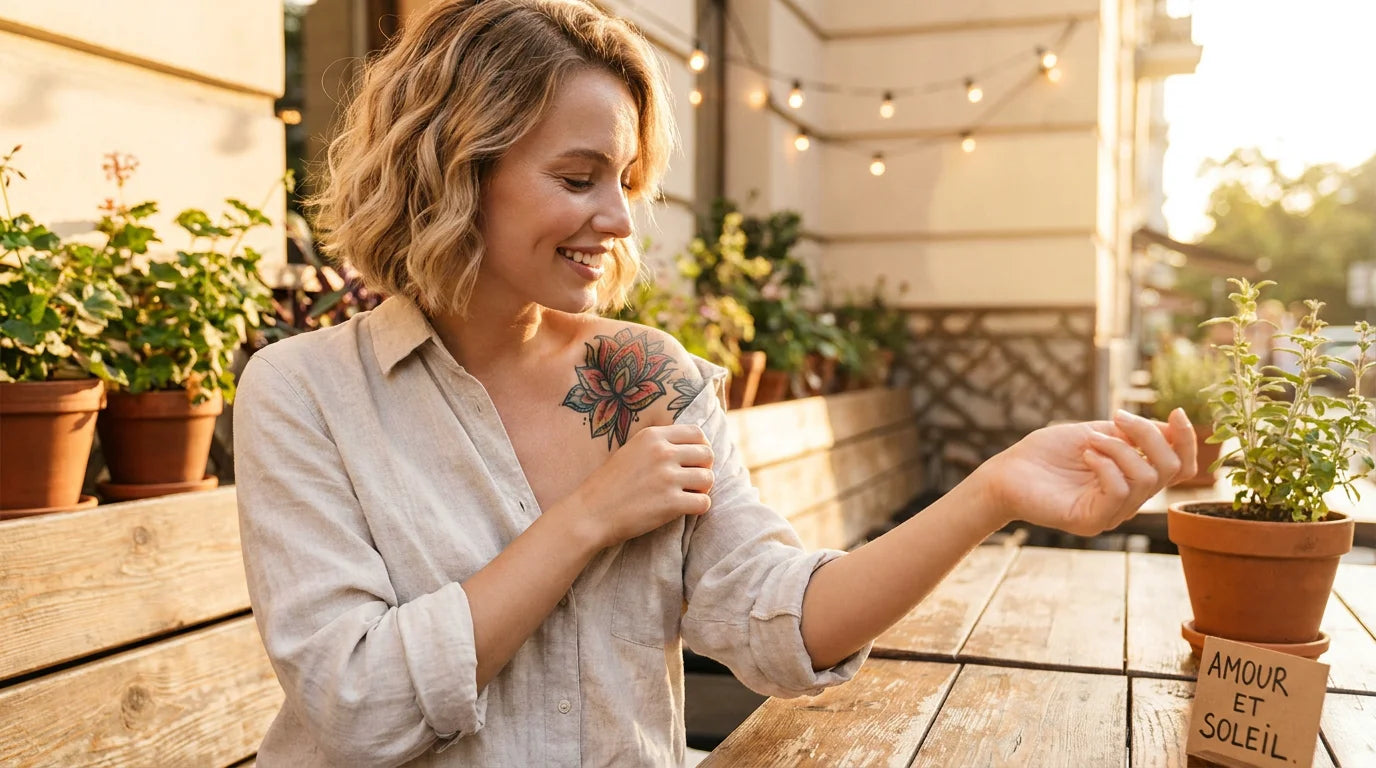 Personne européenne souriante montrant un tatouage coloré bien cicatrisé sur l'épaule