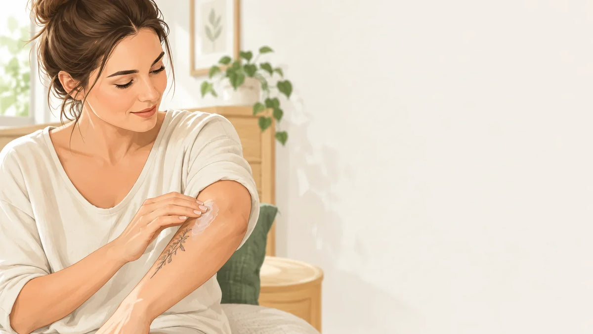 Une femme européenne applique un soin sans marque sur un tatouage cicatrisé à l’avant-bras.