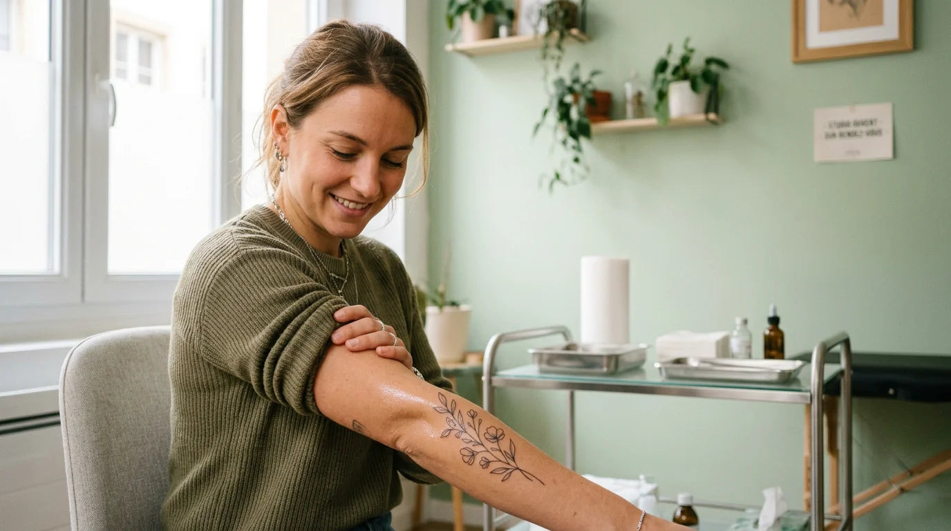 Personne regardant son tatouage fraîchement réalisé sur l'avant-bras