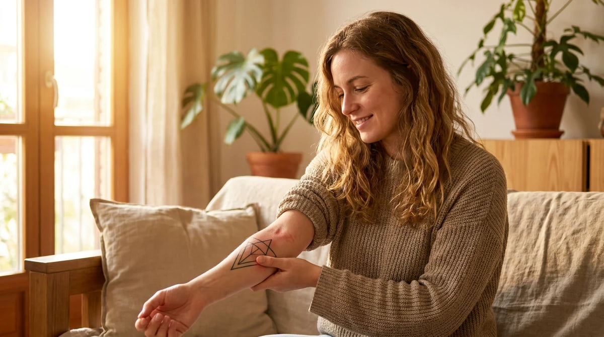 Personne observant son tatouage frais sur l'avant-bras dans un intérieur lumineux Image