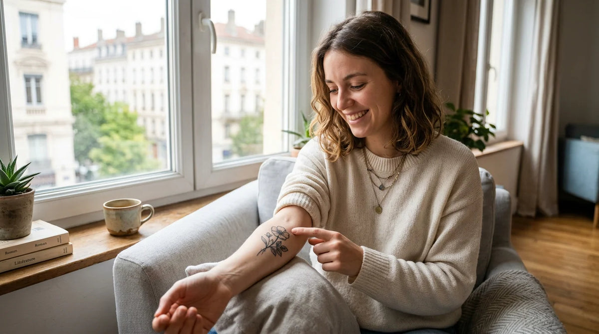 Personne prenant soin de son tatouage récent près d'une fenêtre Image