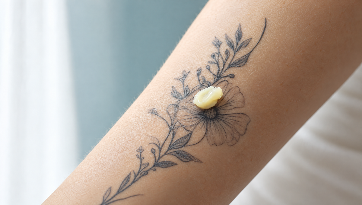 Noisette de baule réparateur sur un tatouage floral Image