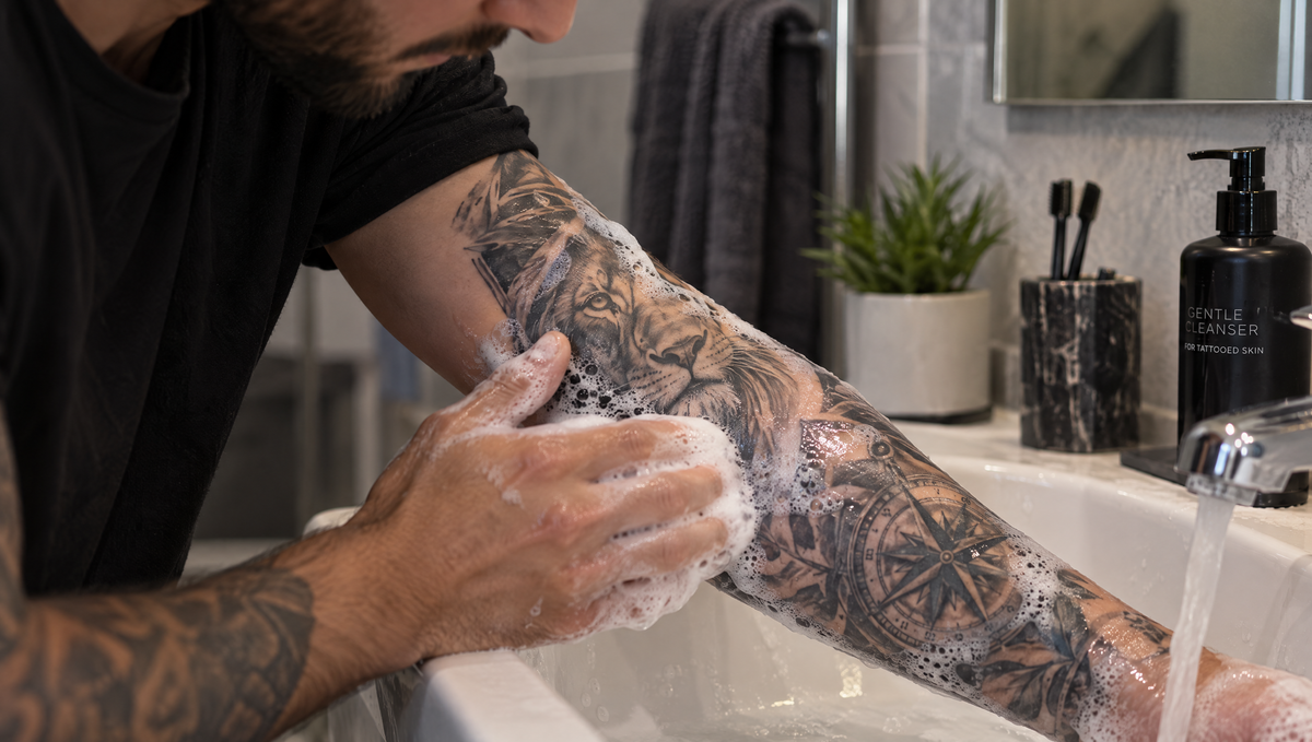 Homme qui néttoie son bras tatoué avec un savon pH physiologique Image